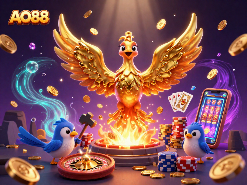 Experience winning action at AO88 with golden phoenix, coins, and dynamic casino elements.