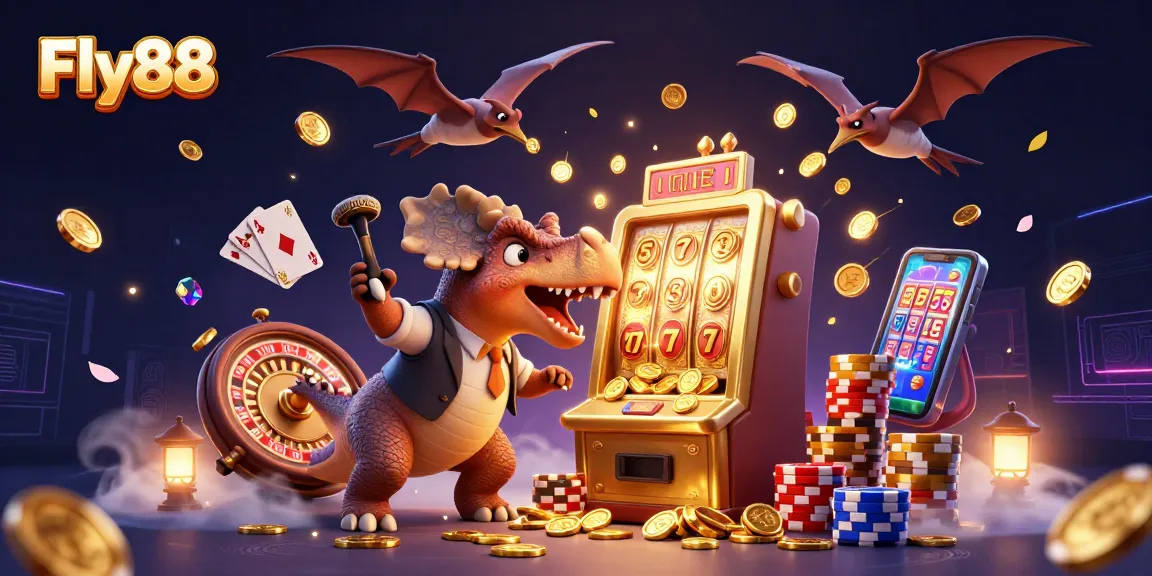Experience the excitement of Fly88 as a pachycephalosaurus wins coins from a slot machine in a vibrant casino scene.