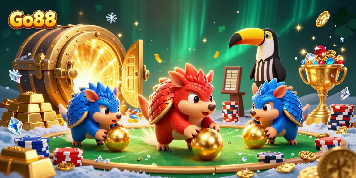 Play exciting games at Go88 with rival pangolins competing in a vibrant casino scene.