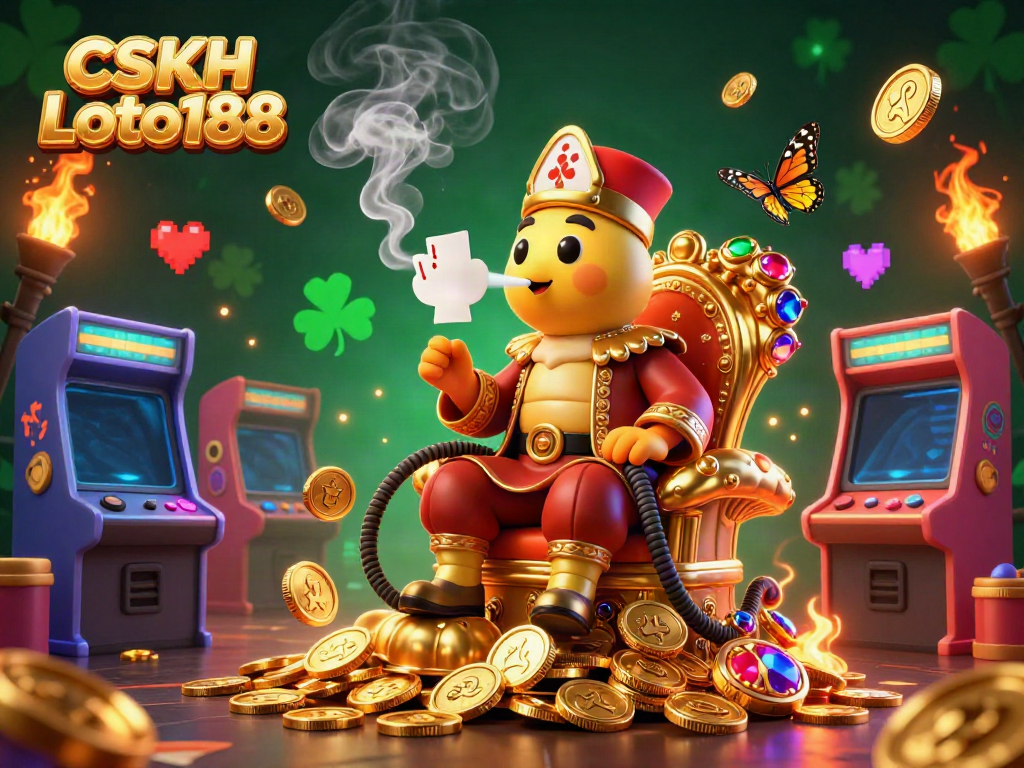 Feel the excitement of CSKH Loto188 as the hookah-master blows smoke rings shaped like poker hands amidst a vibrant casino setting.