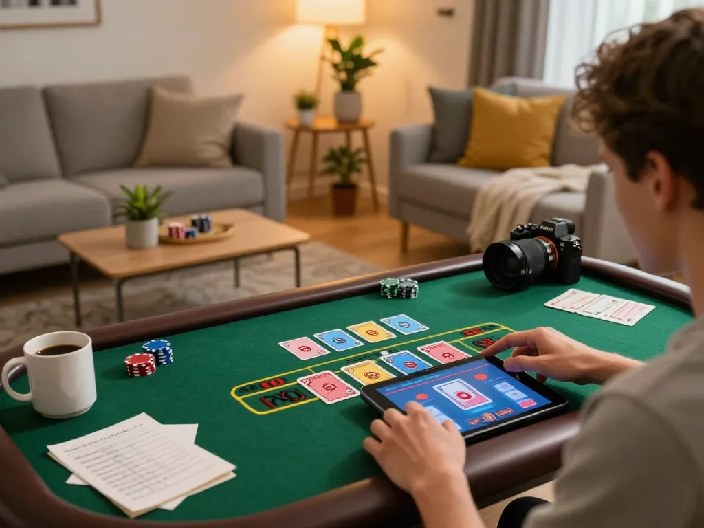 Engaging in online gaming at home with rik vip, focusing on live dealer gameplay on a tablet.