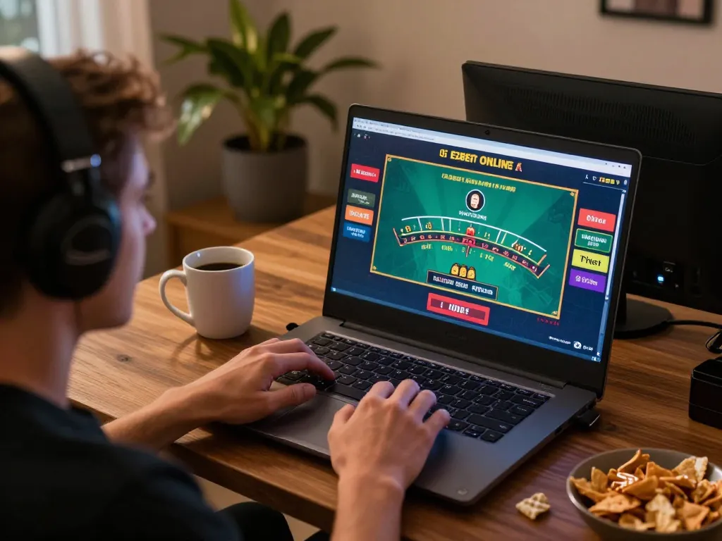 E2bet player enjoying live dealer blackjack on laptop in cozy home setup.