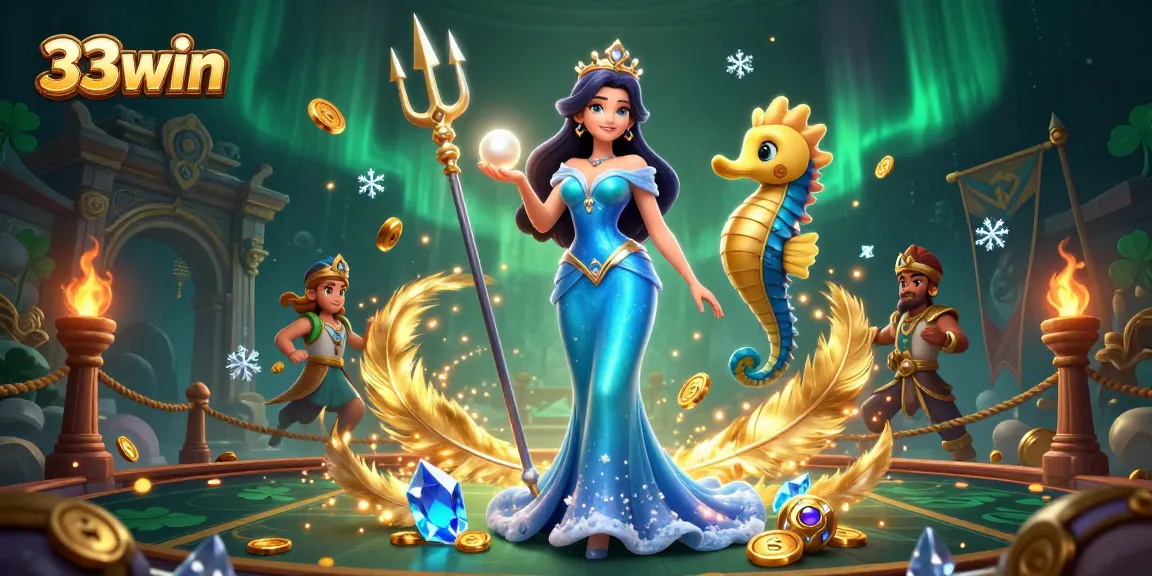 Experience gaming excitement with 33win: Stunning underwater scene featuring a beautiful woman and seahorse king.
