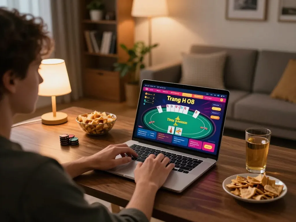 Engaging in online casino action on Trang Chủ O8 with sleek gaming setup, snacks, and warm light