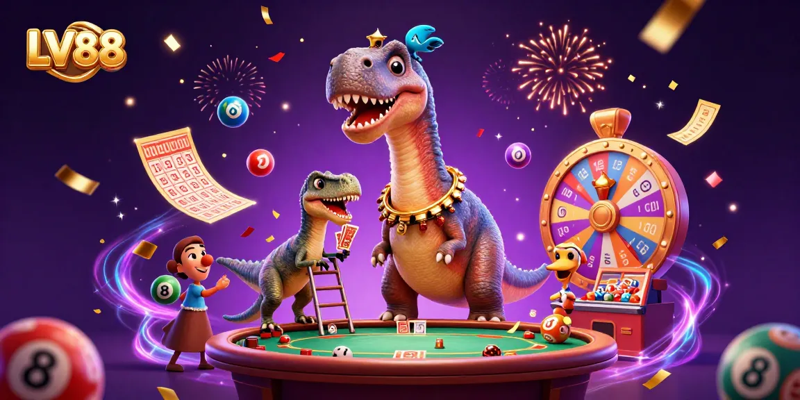 Experience the excitement at LV88 with a lively casino scene featuring animated dinosaurs and gambling elements.