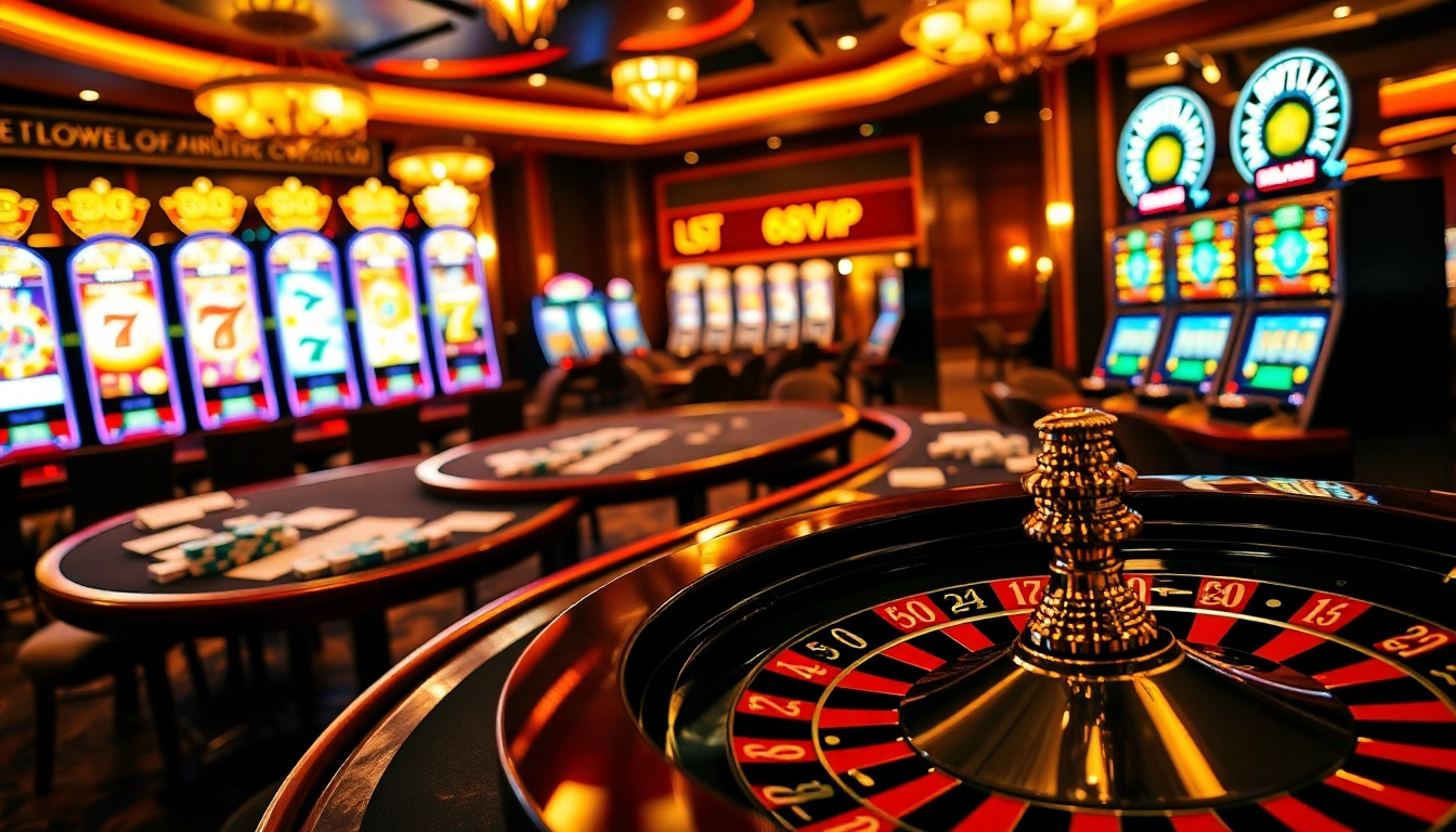 Experience thrilling gameplay at 68VIP casino with vibrant tables, cards, and slot machines.