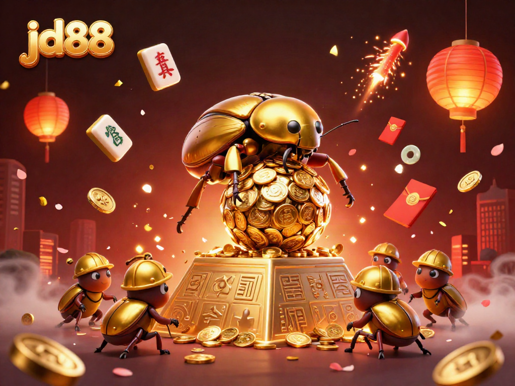 Experience thrilling excitement at jd88 with a golden beetle rolling coins in a vibrant casino setting