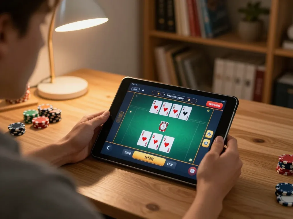 Engaging in Rr88 dang nhap poker game on a tablet in a cozy home office setting.
