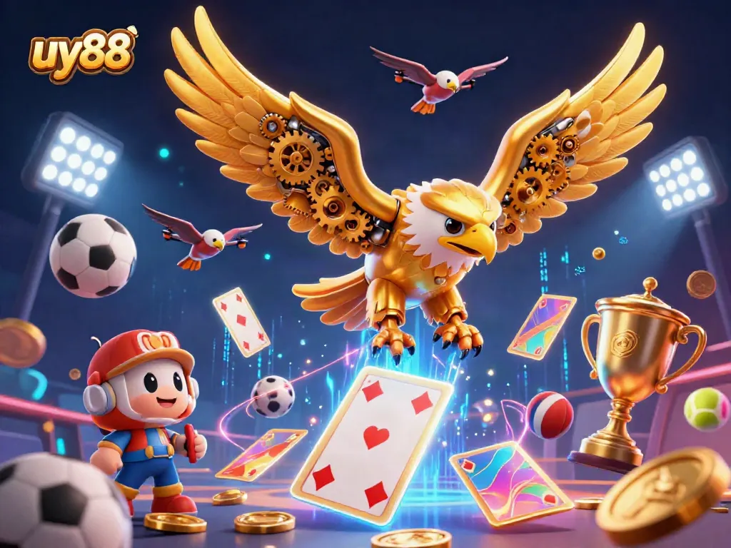 Experience excitement at uy88 with a vibrant 3D illustration of gambling elements and a majestic eagle.