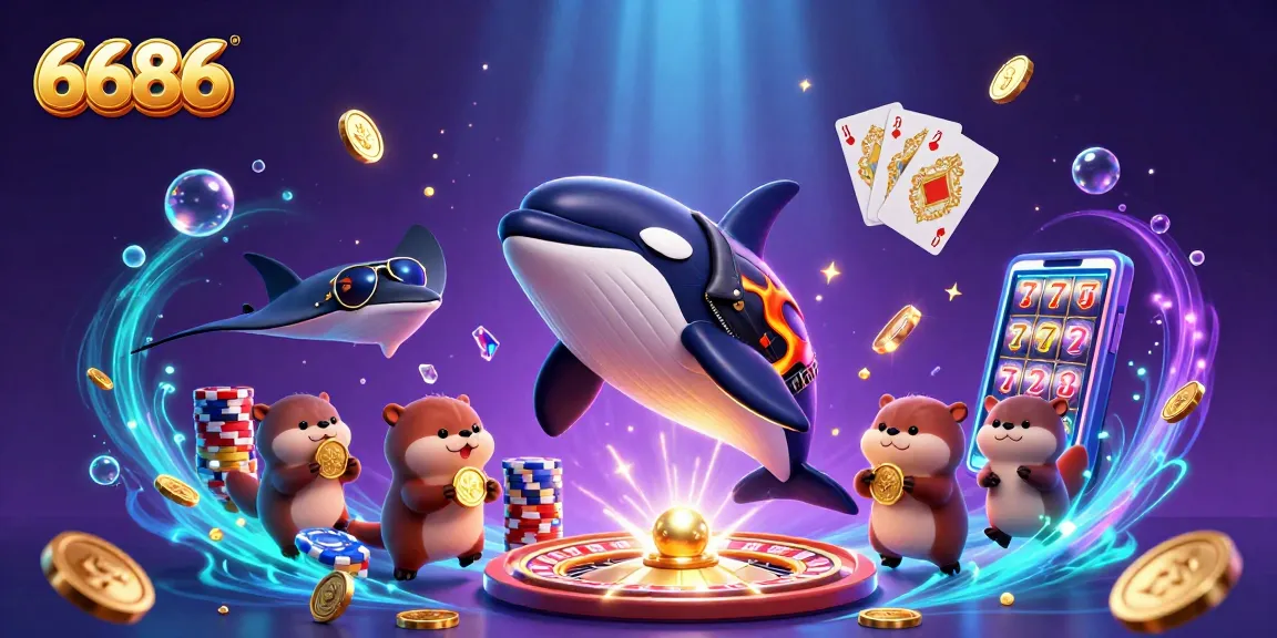 6686 casino illustration with a jumping whale, coins, and vibrant gaming elements.