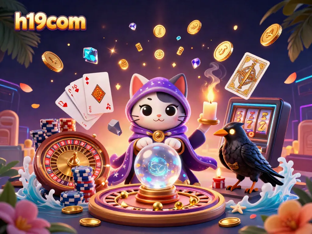 Engage in thrilling games with h19com, featuring mystical cat, tarot raven, and vibrant casino elements.