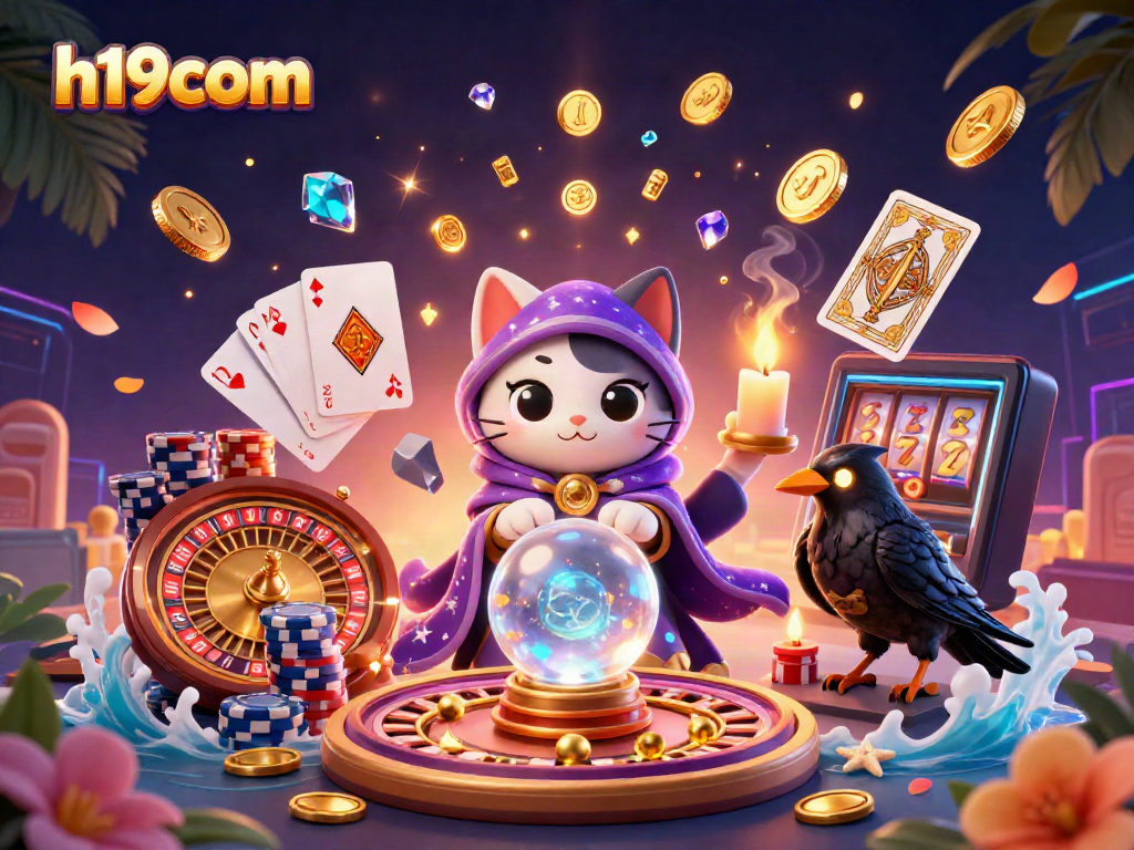 Engage in thrilling games with h19com, featuring mystical cat, tarot raven, and vibrant casino elements.