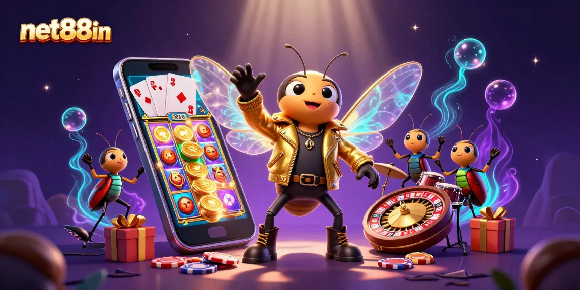 Experience net88in with exciting slot games represented by a rock star cicada and vibrant casino elements.