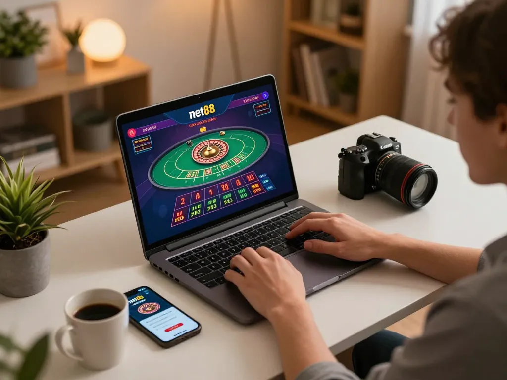 Player enjoying live dealer games on net88 from a stylish home setup, featuring a vibrant roulette table on laptop.