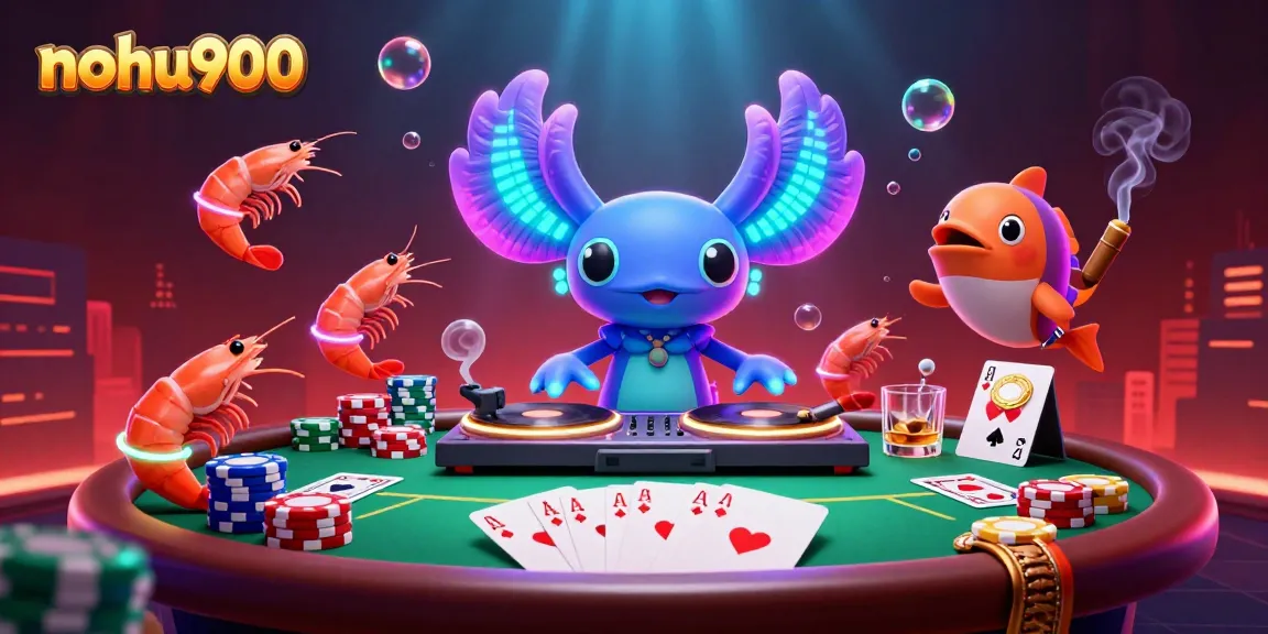 Engage with nohu900 in this lively casino scene featuring an axolotl DJ and vibrant poker elements