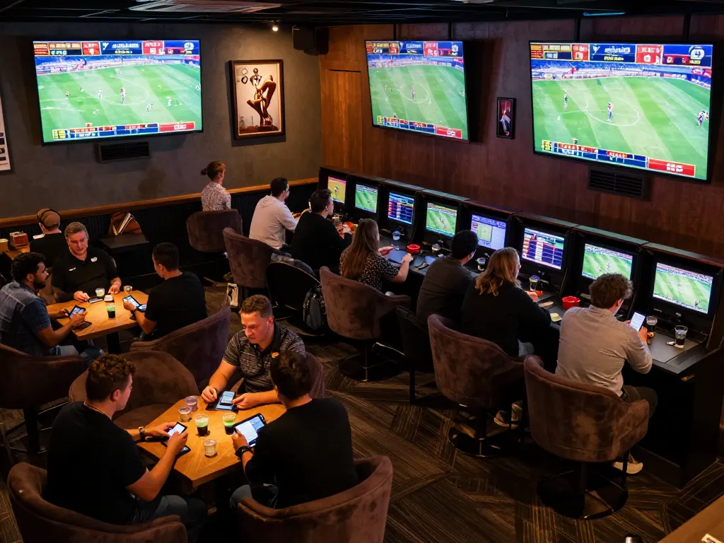 Fans engaging with sports betting screens at 7mz, creating a thrilling live wagering atmosphere.
