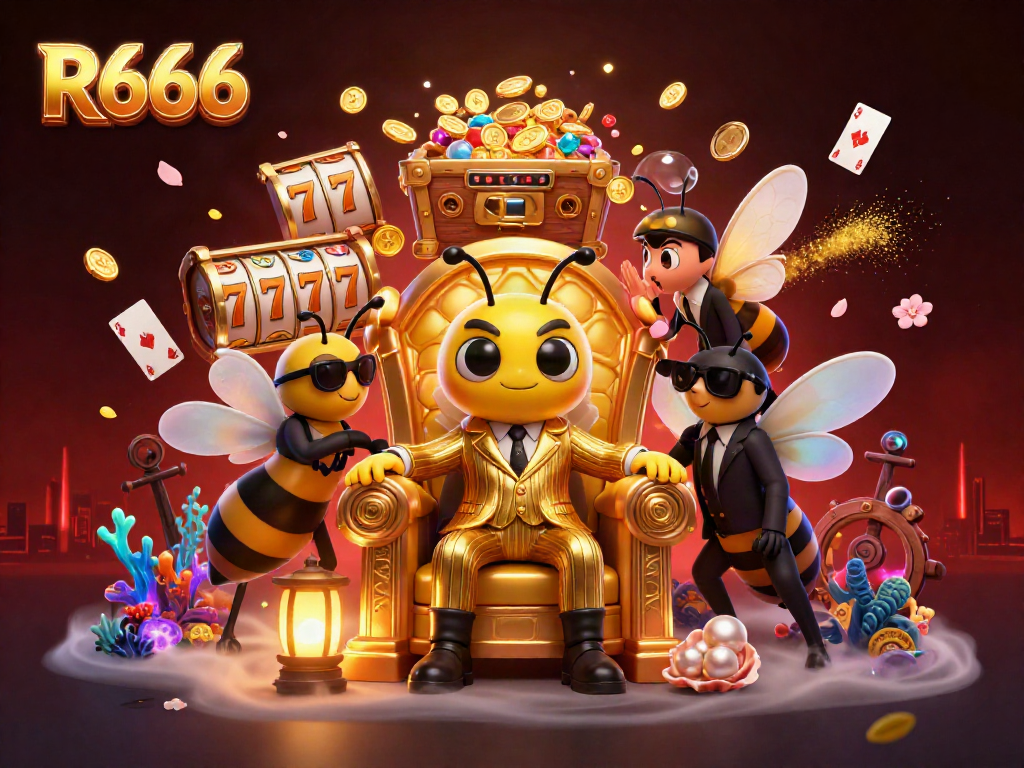 Engage with R666 in a vibrant casino-themed world featuring a bumblebee mob boss and exciting game elements.
