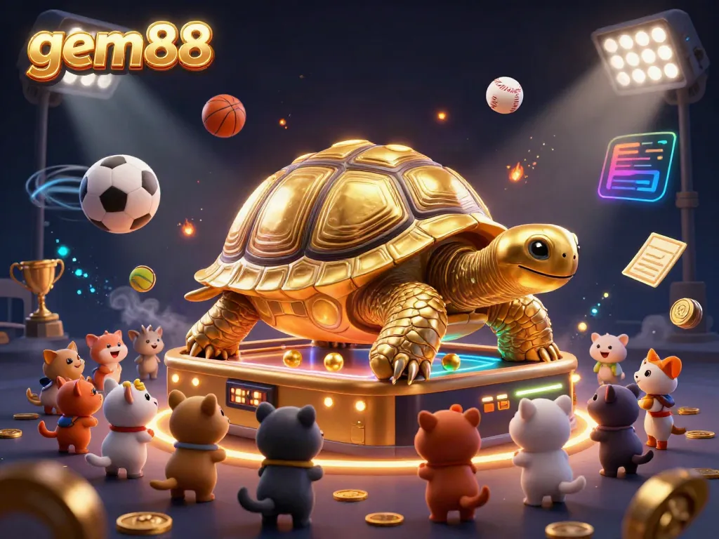 Experience the excitement of gem88 with a golden tortoise pinball machine surrounded by playful characters.