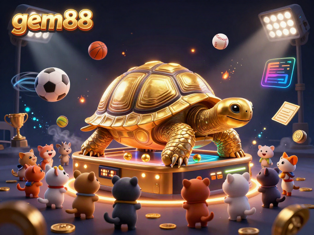 Experience the excitement of gem88 with a golden tortoise pinball machine surrounded by playful characters.