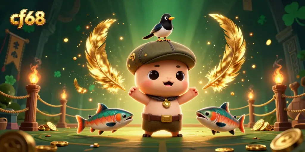 Win big with cf68, featuring Nessie, a magpie, and festive salmon surrounded by gold coins.