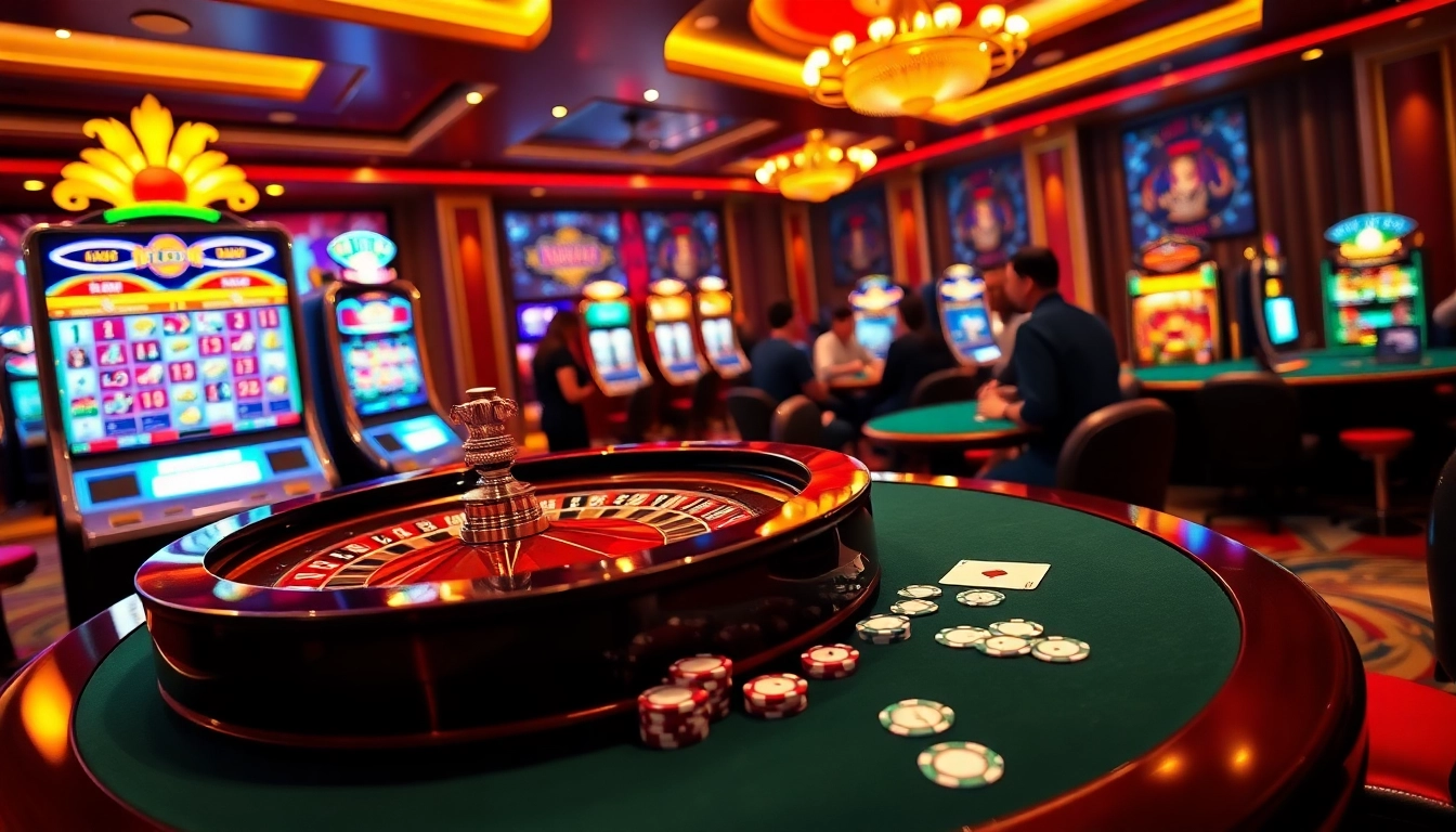 Wager on RR88 at an elegant casino with thrilling games and vibrant slot machines.