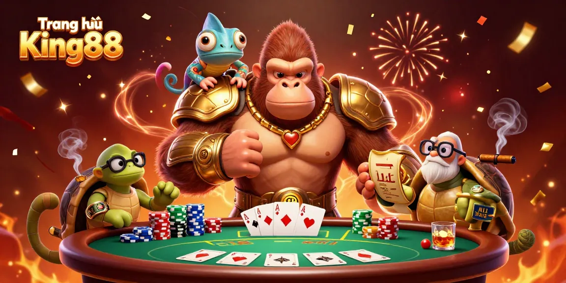 Experience the vibrant action of Trang chủ King88, where a powerful gorilla king and friends celebrate with winning poker hands.