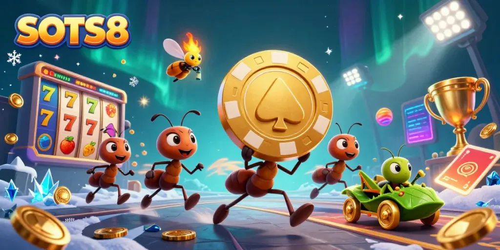 SLOTS8 features cartoon ants on a heist with a giant poker chip amidst slot elements