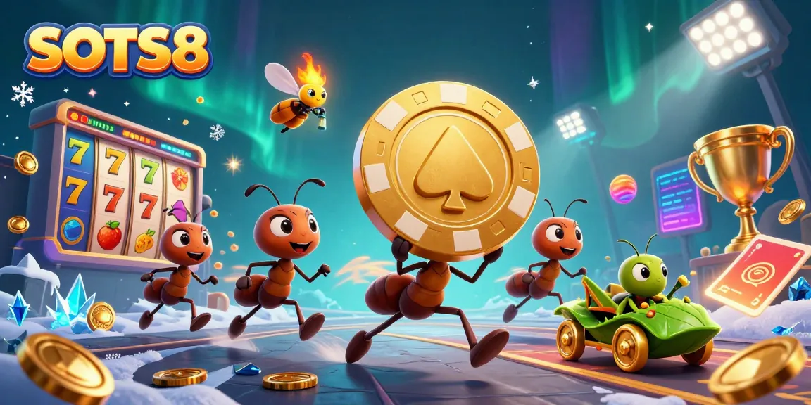 SLOTS8 features cartoon ants on a heist with a giant poker chip amidst slot elements