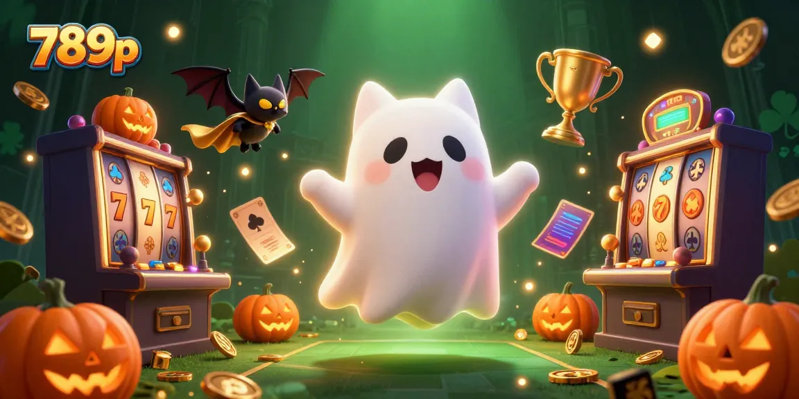 Experience thrilling gameplay at 789p with a charming ghost cat and dynamic slot elements in this glowing casino scene.