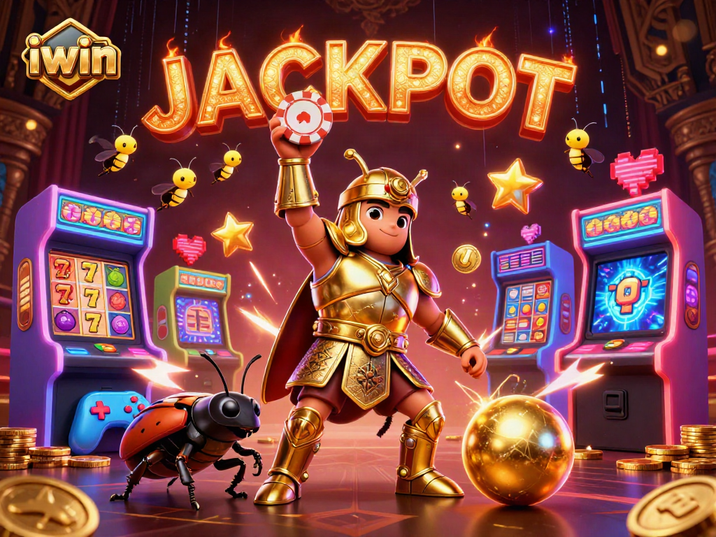 iwin animated victory scene with beetle heroes, colorful slots, and vibrant gaming elements.