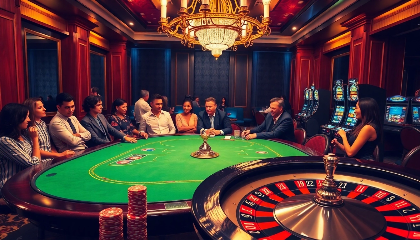 Players engaging at a poker table in a vibrant Luck8 casino scene with roulette and slot machines.