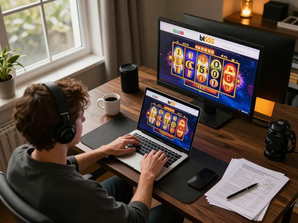 Engaging online gaming experience with bl555 slots, showcasing excitement and strategy at home