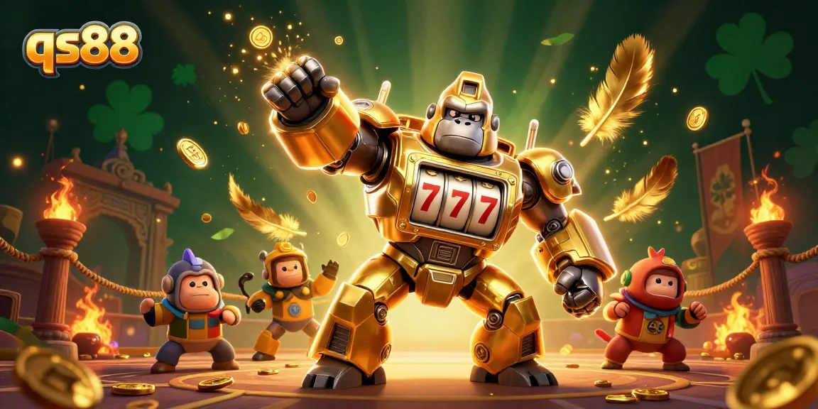 Experience thrilling gameplay with qs88 in this vibrant 3D casino illustration featuring a golden gorilla mech.