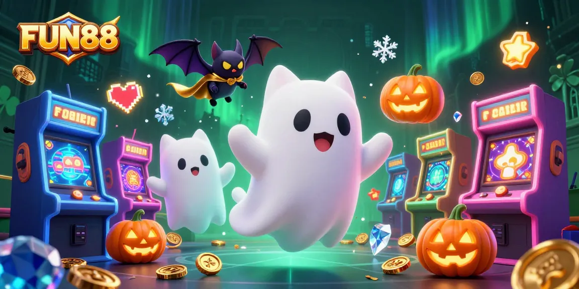Engage with FUN88's thrilling gaming experience featuring a ghost cat and vampire bat in a vibrant casino.