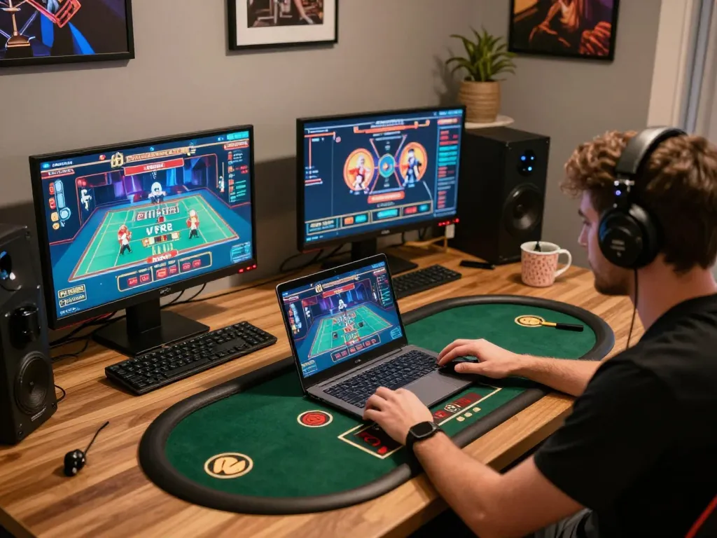GEN88 player engaging with live dealer games on a laptop in a modern gaming environment.