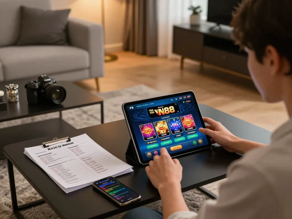 Engaged user enjoying the Nhà cái VN88 casino app on a tablet, showcasing responsible online gambling.
