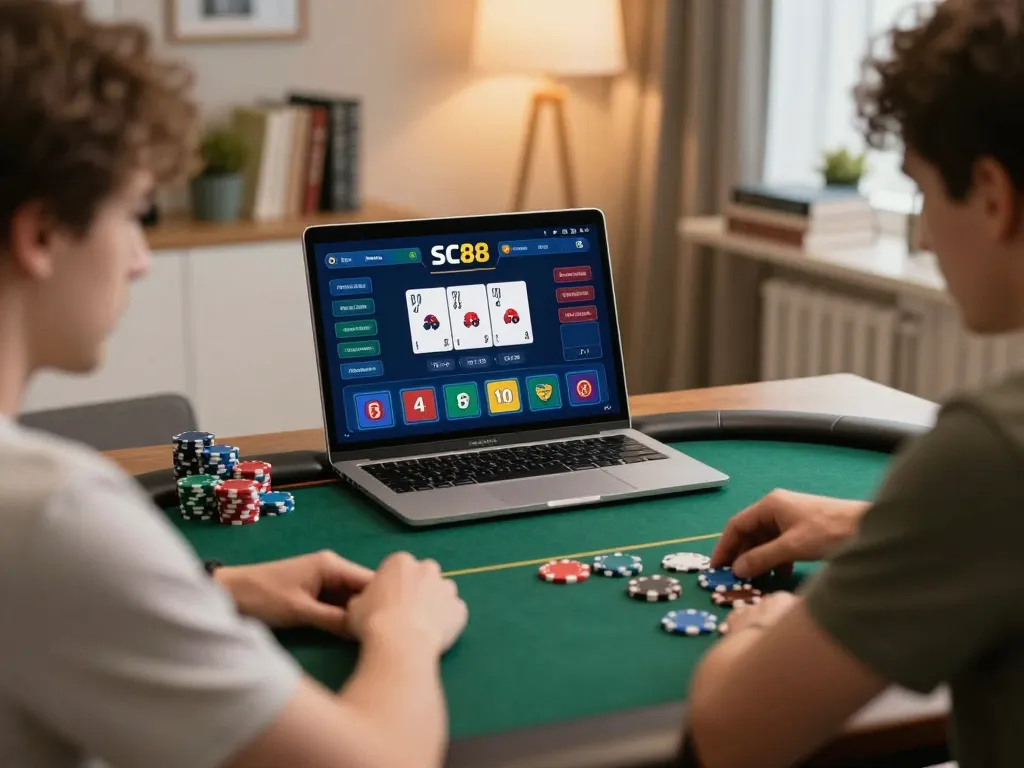SC88 online poker player strategizing with focused intent and gaming interface visible