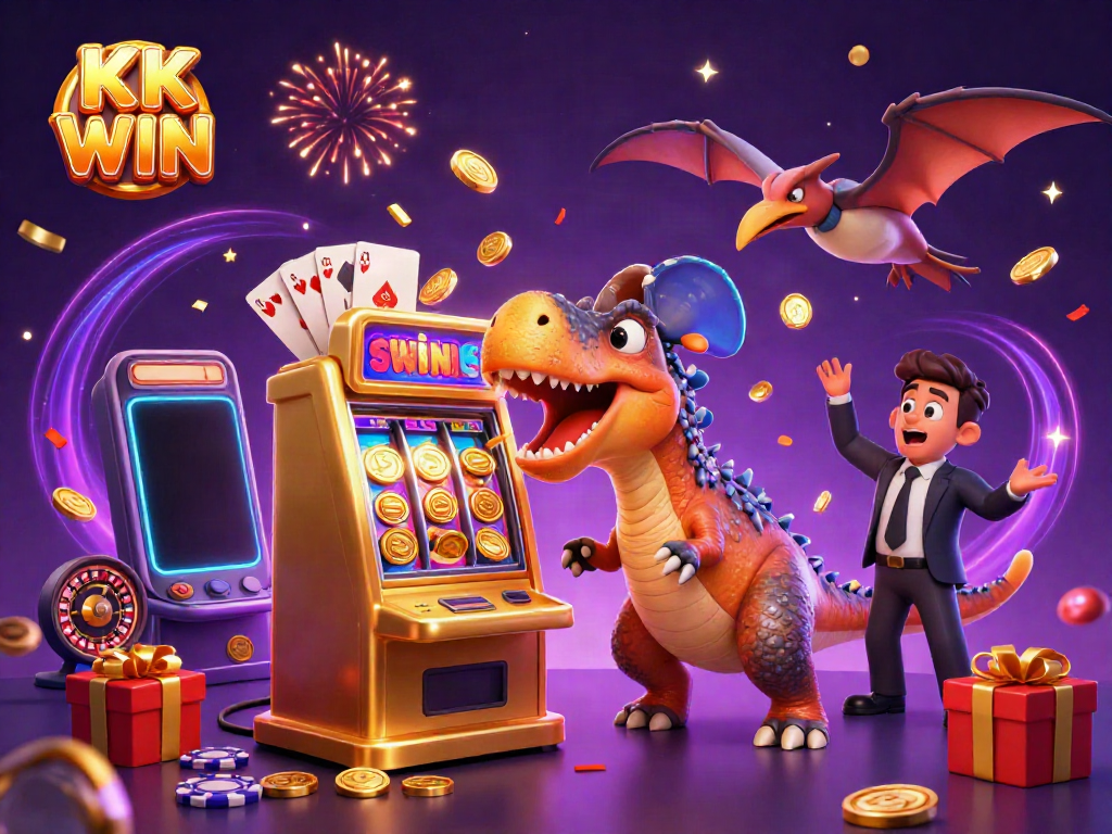 Experience the excitement of KK WIN with a pachycephalosaurus winning at the slot machine in a vibrant casino scene.