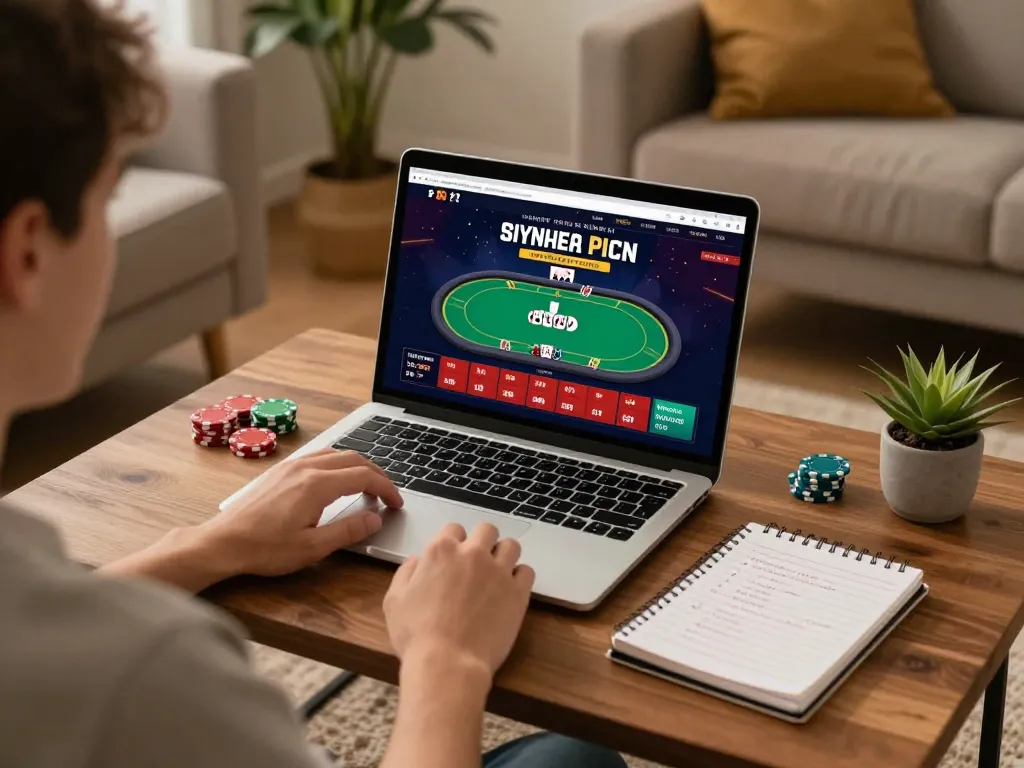 Engaging in online gaming at Trang Chủ O8 with poker gameplay visible on a laptop screen.