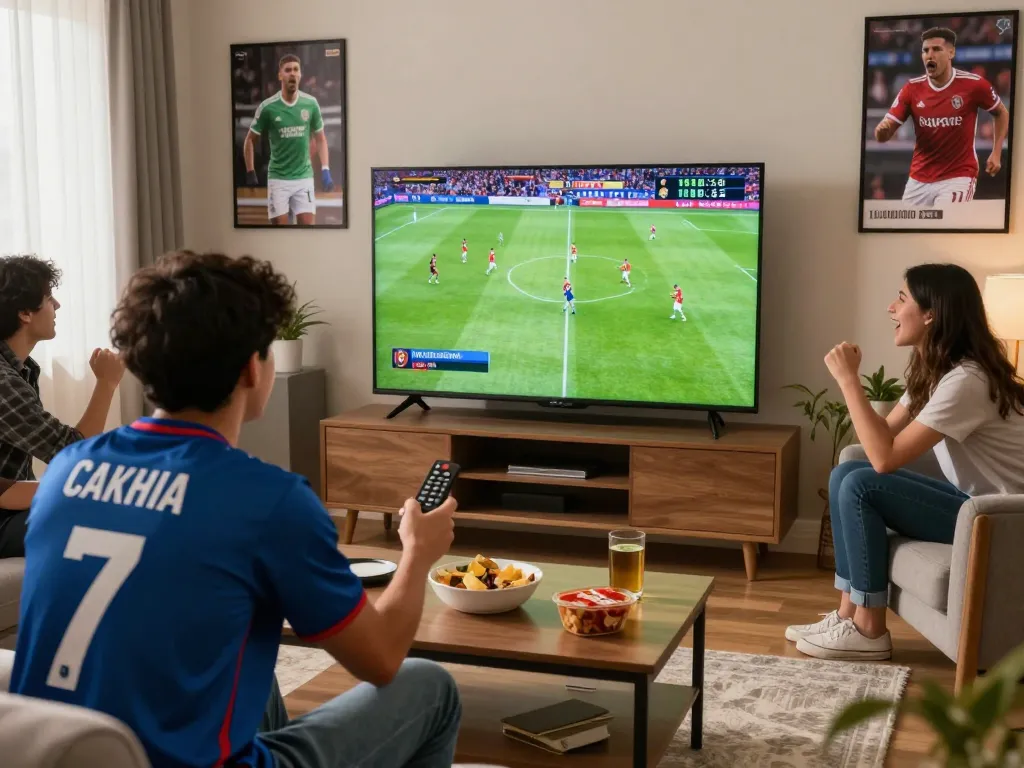 Cakhia fan enjoying a live football match in a cozy living room with friends and snacks.