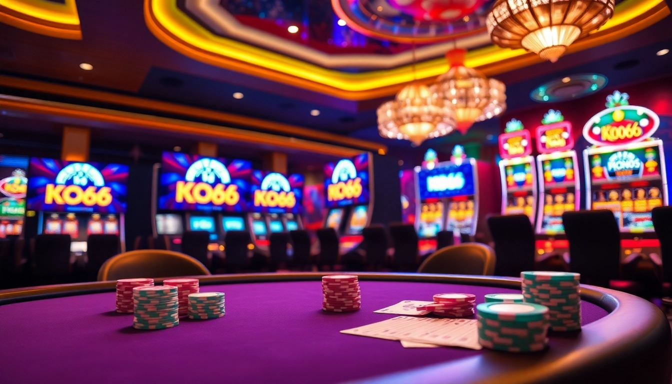 Băng rôn quảng cáo KO66 hiển thị cảnh sòng bạc thú vị với những chip poker và bài.