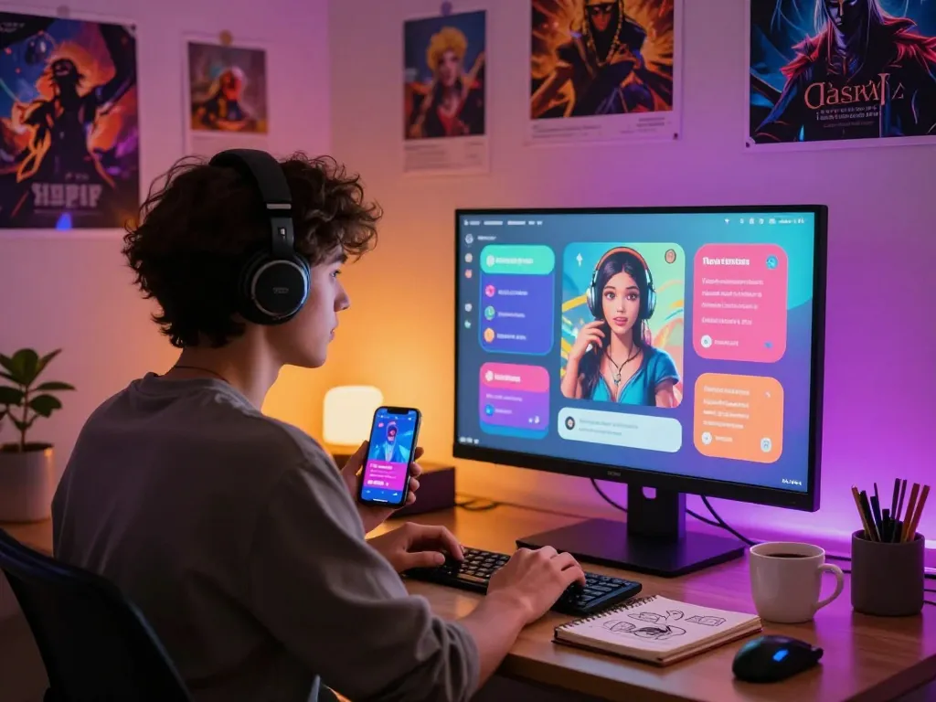 Engaging in an ai nsfw chat in a cozy digital space with vibrant LED lights and captivating character avatars.