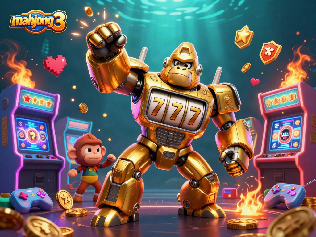 Engage in Mahjong 3 action with a golden gorilla mech and dynamic casino elements.