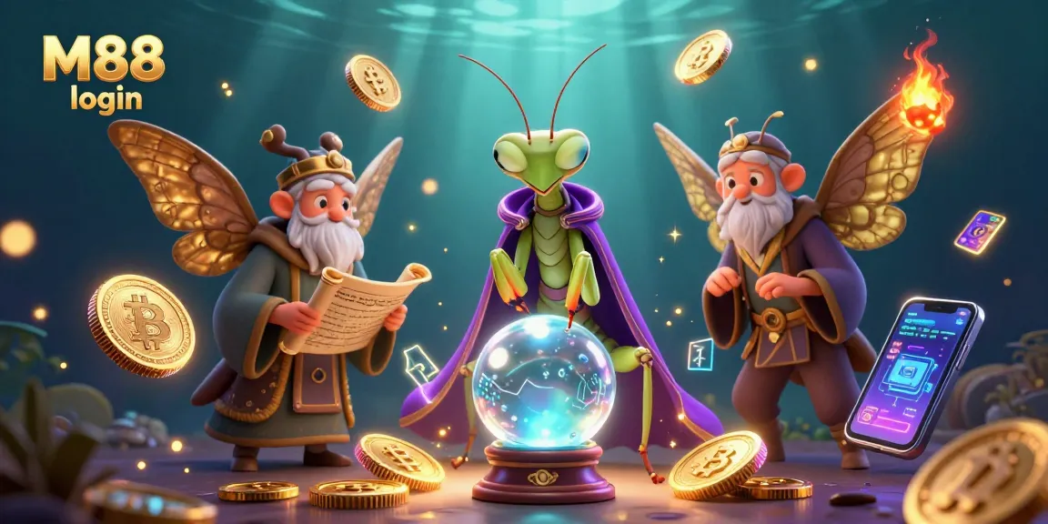 M88 login with a 3D cartoon praying mantis and wise moth enhancing your gaming experience and fortune.