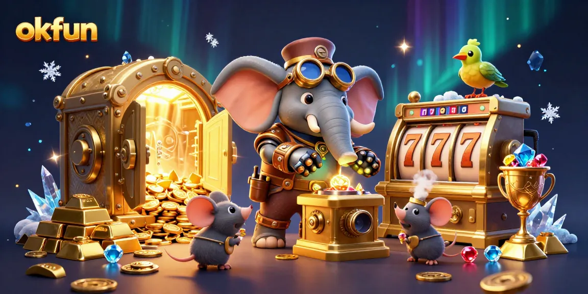 Spin the golden slot machine with okfun's vibrant casino illustration featuring treasures and excitement.