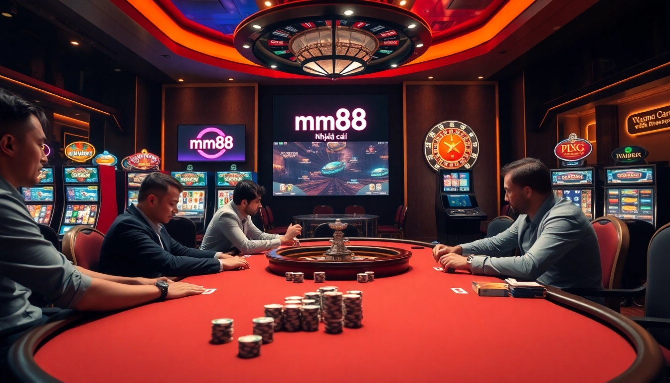 Players enjoying games at nhà cái mm88 casino, featuring poker tables, slot machines, and a roulette wheel.