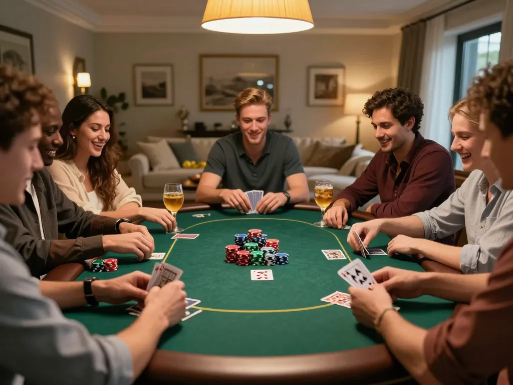 Players enjoy a friendly poker game at home, showcasing sunwin strategies and engagement.