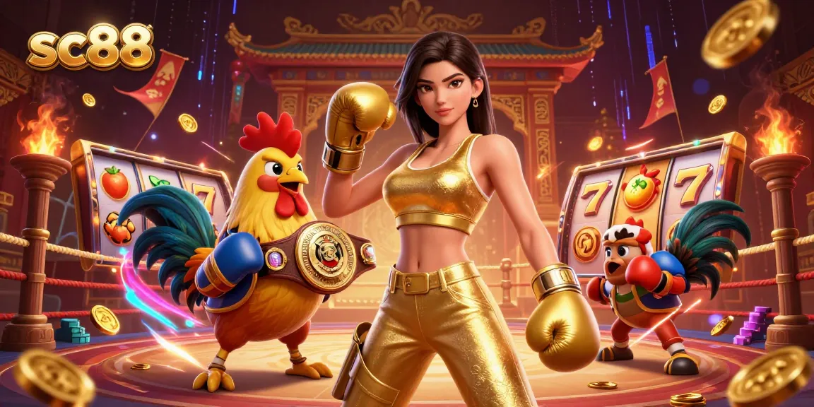 Experience thrilling action with SC88, featuring a dynamic scene of a powerful woman and a rooster, immersed in an electrifying casino atmosphere.