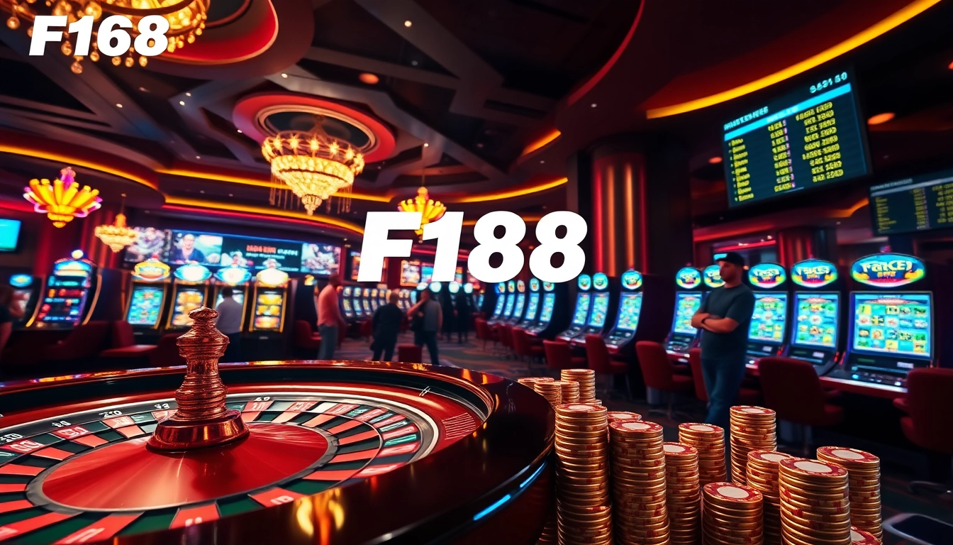 Action-packed scene at Trang chủ F168 with roulette, slots, and poker excitement.