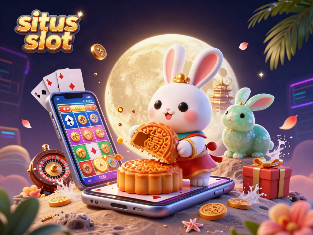 situs slot illustration featuring a moon rabbit and jade companion surrounded by casino elements.